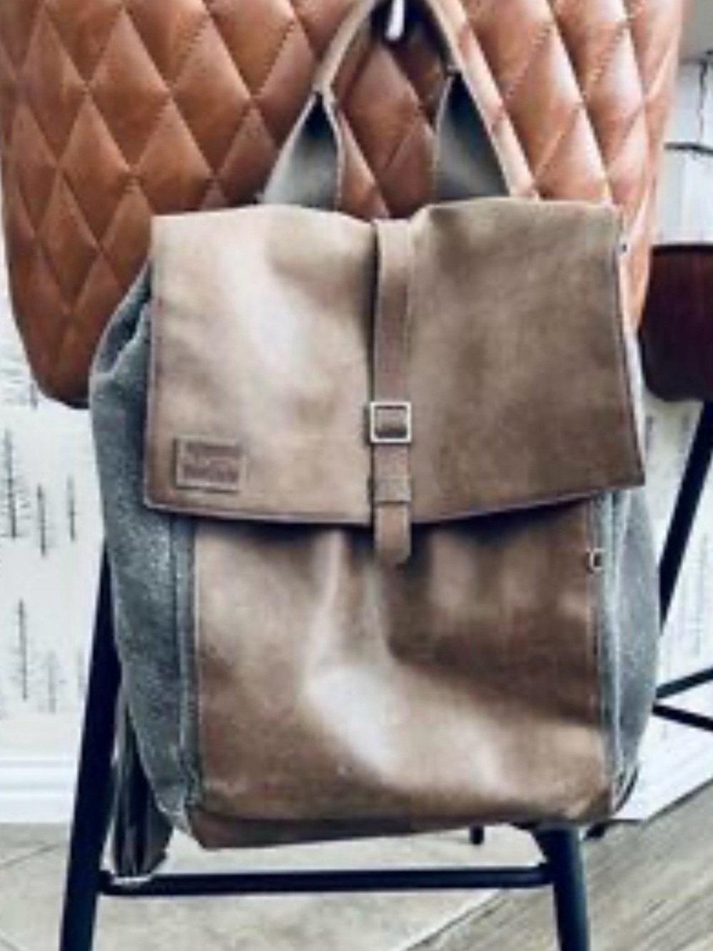 TOMS Brown Leather-Trim & Gray Canvas Messenger Backpack